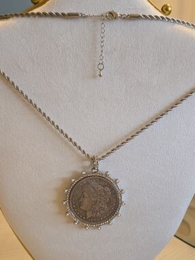 Large French Replica silver coin necklace w/pearl accents & crystals…